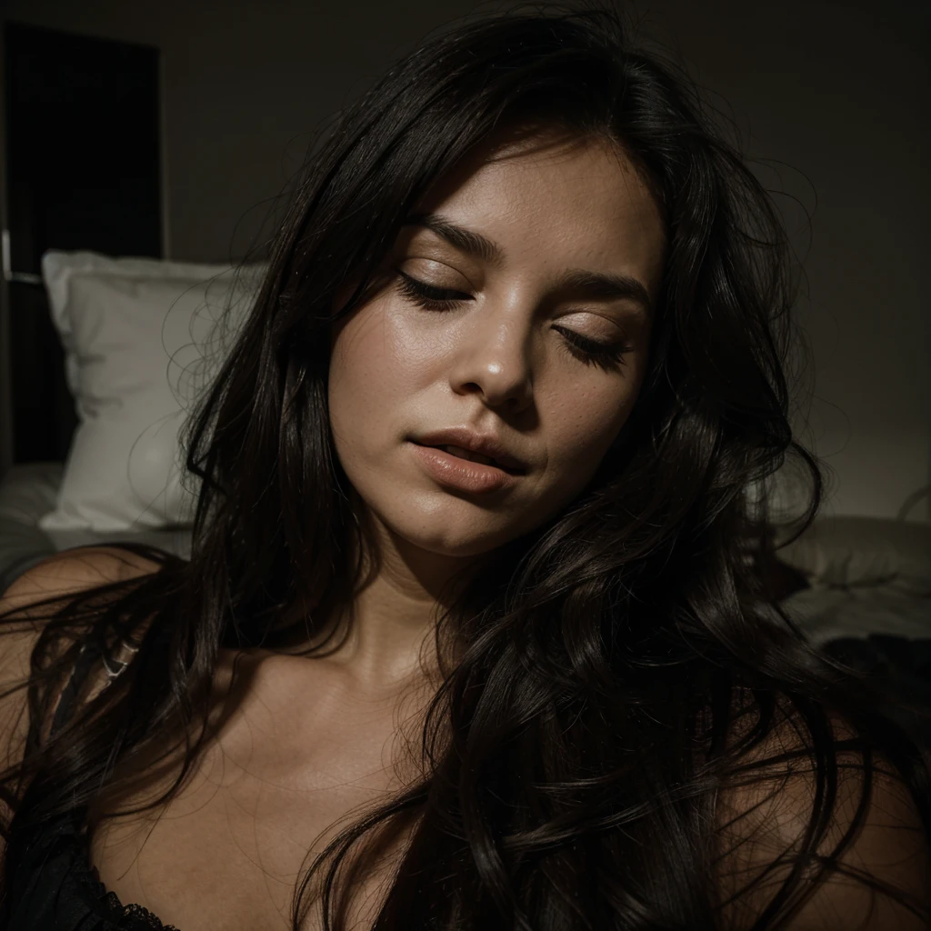 Sharp focus, darkened bedroom, long hair, dark haired woman sleep, mouth slightly open