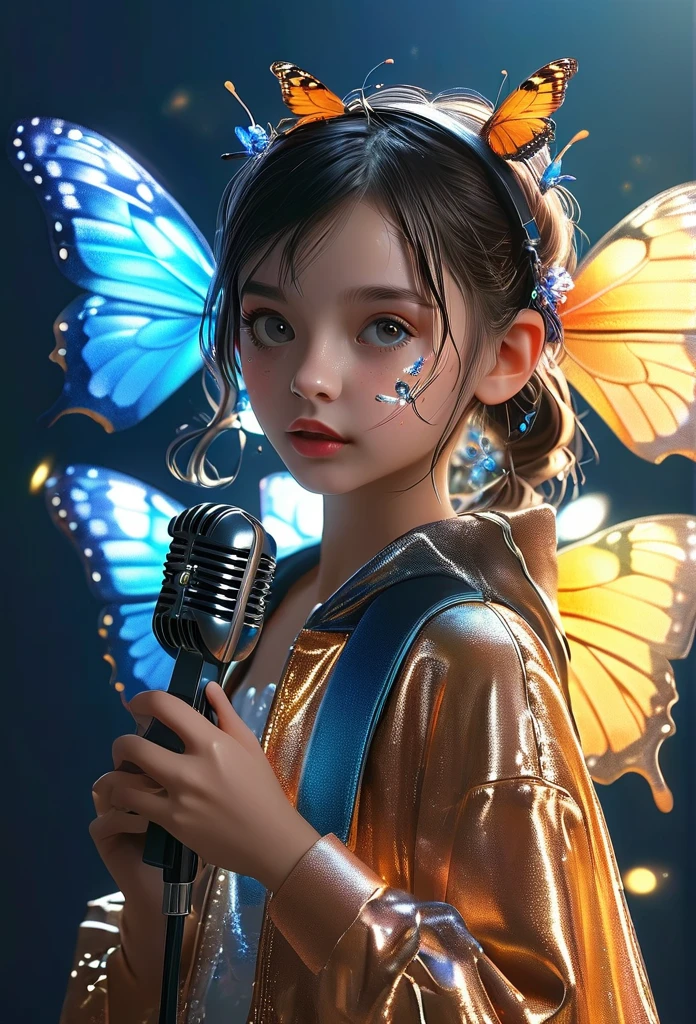 A girl with butterfly wings holding a microphone, (best qualityer, 4K, 8K, high resolution, Masterpiece artwork: 1.2), ultradetailed, realisitic, fotorrealisitic, foto- realisitic: 1,37, 3d, proffesional, bright coloured, studio lighting