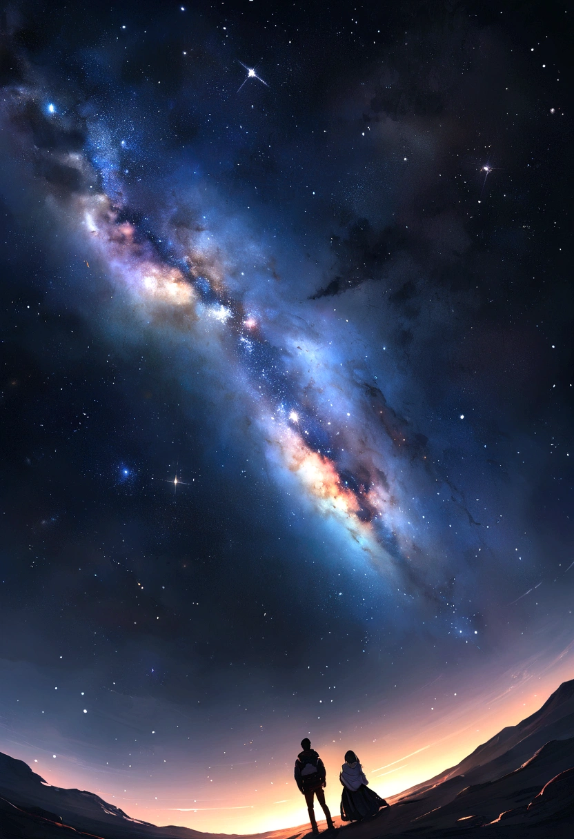 Highest quality， masterpiece， Ultra-high resolution， Realistically，stretch，Amazing starry sky，Gaze at the stars，Wide-angle,universe space