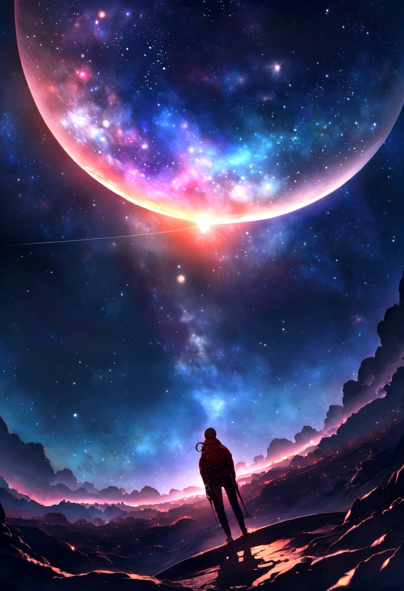 Highest quality, masterpiece, Ultra-high resolution, Realistically,stretch,Amazing starry sky,Gaze at the stars,Wide-angle,universe space