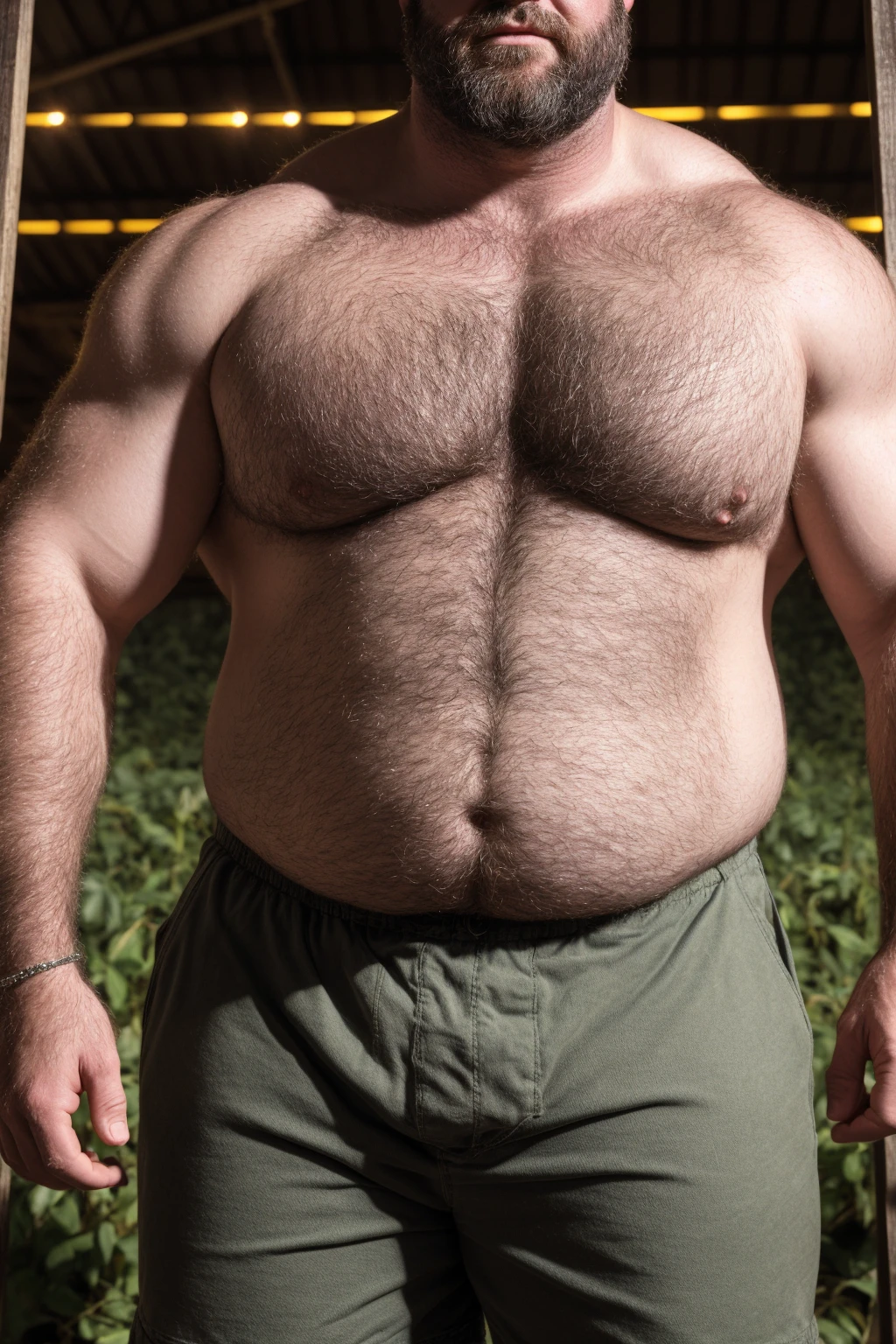 8KUHD HDR Very Extremely Realistic Very Detailed High Quality Create a professional studio-style Very Real photograph featuring a middle-aged daddy rugged muscle bears man , burly, very realy detailed hairy, very realistic beared big daddy muscle bear, and very realistic detailed rugged burly man and his husband in shorts. Very Realistic detailed shorts, very realistic hair, very realistic beards, very realistic thick chubby neck, very realistic neck lines, very realistic detailed neck, very realistic belly, very realistic burly chest, very realistic detailed hairy burly strong chest and arms, very realistic detailed hairy burly strong chest and arms, very realistic pecs, very realistic burly muscle bear body, very realistic nipples, very realistic burly muscle bear body, very realistic face, very realistic detailed face, very realistic eyes, very realistic detailed eyes, very realistic pupils, very realistic detailed pupils, very realistic nose, very realistic ears, very realistic facial features, very realistic burly arms, very realistic elbows, very realistic hands, very realistic pecs, very realistic belly, very realistic human man body, very realistic bellybutton, very realistic wrists, very realistic fingers, very realistic fingernails, very realistic shoulders, very realistic mouth, very realistic lips, very realistic detailed skin, very realistic skin, very realistic mens clothing, very realistic detailed mens clothing. Very Realistic Hairy Bearded Burly Muscle bear Photoshoot, A very realistic burly muscle bear man in a Farm, 8K Very Realistic Intricately Detailed, Utilize all appropriate realistic lighting techniques for studio photography" 8K very realistic detailed Farm surroundings, 8K very realistic surroundings lighting, No Deformities, captured with a 85mm lens by a world famous photographer, 8K Very Ultra Realistic and 8K Very Realistic Photograph, z8K Clear HDR Quality full with very realistic real details