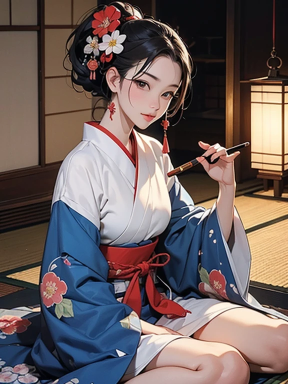 (Highest quality、masterpiece、High resolution、8K)、Ukiyo-e、Vibrant colors、Utamaro、Edo Period、Flowers of Yoshiwara、1 flower kui、whole body、Japanese-style room、There is a lantern、Utamaroの絵のモデル、Sitting、Sitting sideways、One hand is holding a tobacco pipe、Official Art、