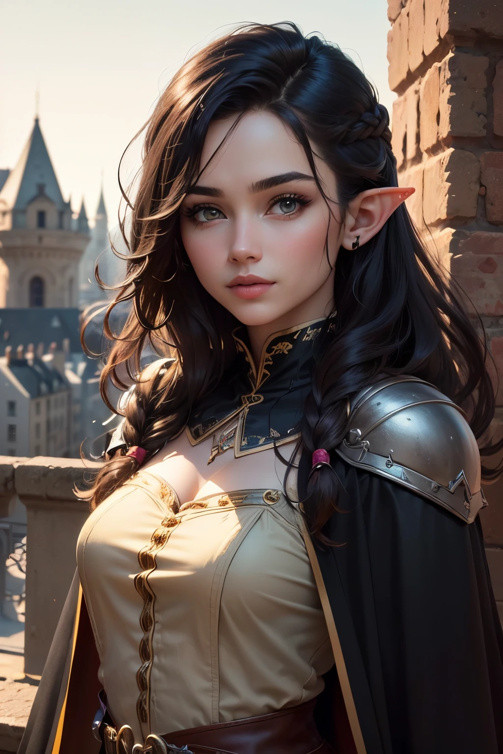 ((best quality)), ((masterpiece)), (detailed), Prize-winning works, with incredible details, maximum textures and details, uhd ,8K,super resolution ,depth of field, retina, masterpiece, anatomically correct, textured skin, super detail, high details, highres ,1 Medieval Fantasy RPG Female Elf Adventurer,hair in the wind,very long light black hair wavy braid ,((yellow black hair,)),shy smile,similar to the work of JRR Tolkien,black long cape ,lightweight armour,fully body, hyper-detailed piercing eyes , (25 year old young man :1.1,detailedeyes, face detailed, whole body:1.1,the background is a magnificent castle  ),(best qualityer:1.2,ultra detali:1.1,realisitic:1.37) ,eyeshadows,sharp focus,swirly vibrant colors,)