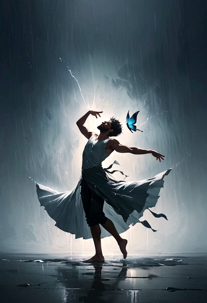 Soul Dancer Mark,A homeless man dancing alone in the rain，soul，Barefoot，Loose and worn clothes，Professional ballet movements，Fingertips 1 butterfly，Very contagious，Splash，Light and Shadow，Minimalism，artistic conception，Clean background