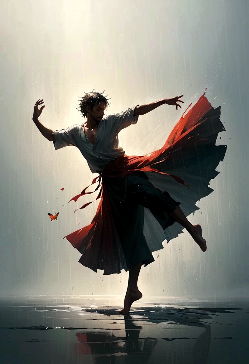 Soul Dancer Mark,A homeless man dancing alone in the rain，soul，Barefoot，Loose and worn clothes，Professional ballet movements，Fingertips 1 butterfly，Very contagious，Splash，Light and Shadow，Minimalism，artistic conception，Clean background