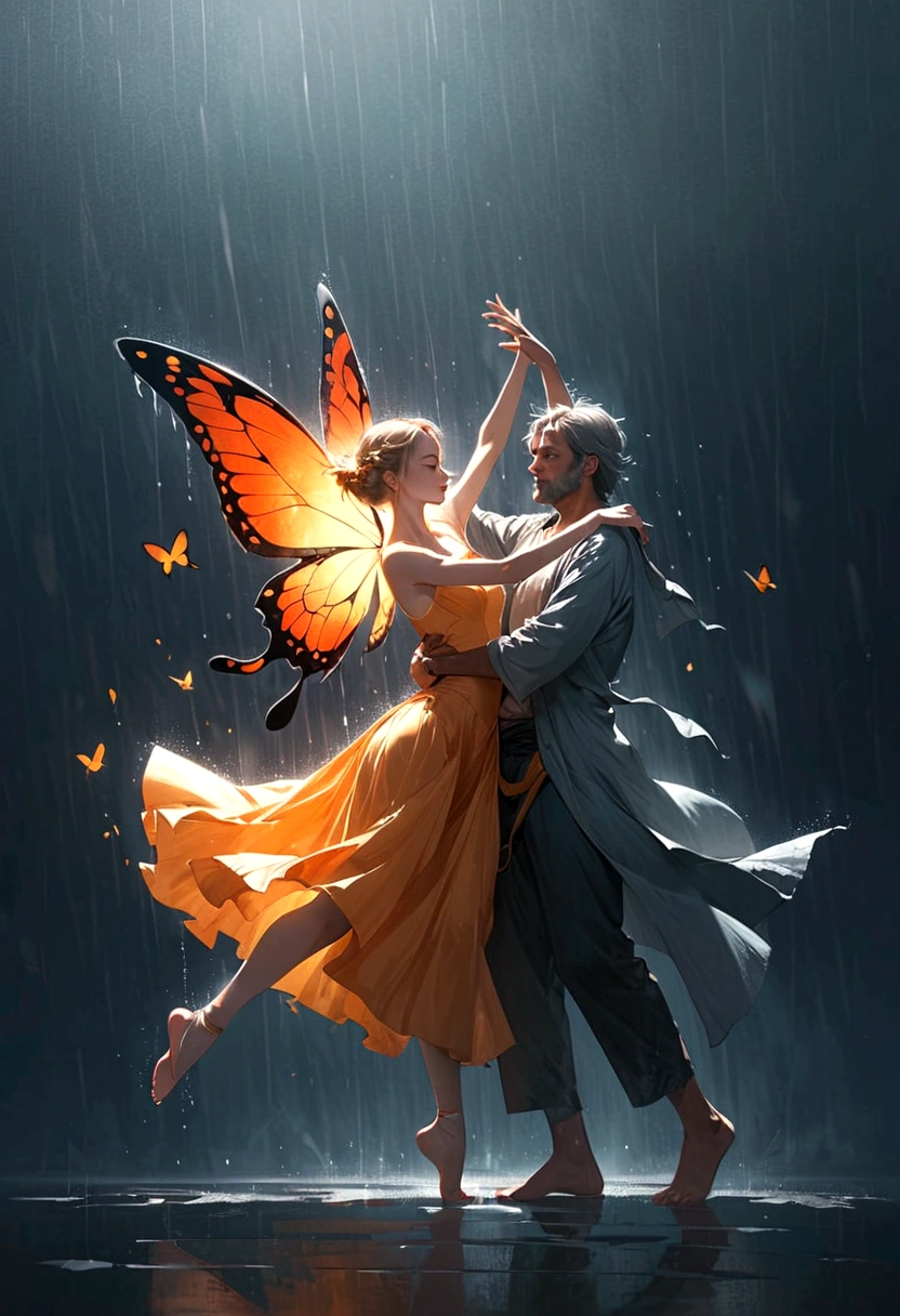 Soul Dancer Mark,A homeless man dancing alone in the rain，soul，Barefoot，Loose and worn clothes，Professional ballet movements，Fingertips 1 butterfly，Very contagious，Splash，Light and Shadow，Minimalism，artistic conception，Clean background