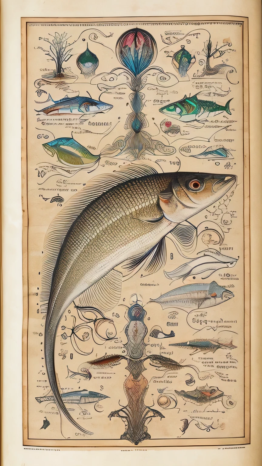 Intricate, aged illustration of a strange alien fish like never seen on a worn, parchment-like full-page from an ancient bestiary, rendered in a highly detailed, precise style reminiscent of Codex Seraphinianus, with delicate ink strokes and subtle texture; the diagram is inscribed in an arcane, made-up language,