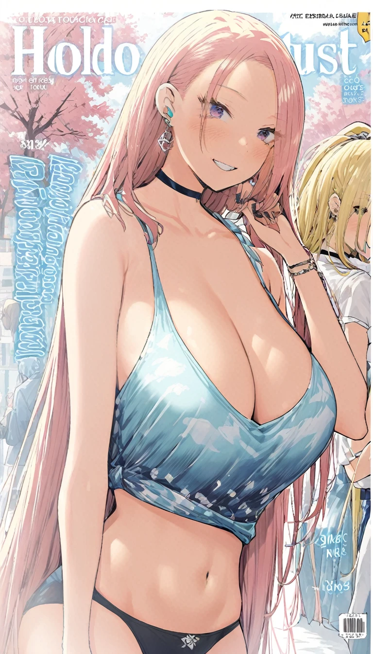 masterpiece, Highest quality, whole body, One girl, bangs, black choker, blush, bracelet, chest, choker, clothes The surrounding area waist, clavicle, Cowboy Shot, ear Earrings, Eyebrows visible through hair, Gradient Hair, Grin, fix, jewelry, Kogal, Long Hair, View Viewer, Earrings, Red eyes, ring, , smile, alone, street, null, cherry blossoms, petal,figure, (magazine:1.3), (cover-style:1.3), fashionable, woman, Vibrant, Pause, front, colorful, dynamic, background, element, have confidence, Performance, Holding, statement, accessories, Majestic, Coiled, The surrounding area, touch, scene, article, cover, bold, to attract attention, title, stylish, font, Catchy, Heading, big, impressive, Modern, trend, concentrated, fashion,((masterpiece)), Highest quality, Absurd, Super detailed, Holographic, Cowboy Shot, ダイナミックなPause, Golden Ratio, Very cute girl, Mature Girls, Very beautiful, Super beautiful asian girl with super beautiful purple eyes, Very beautiful hair, Shiny skin, High Ponytail, nice and sexy body, Slim and delicate body, Perfect body, Cute Panties, Fox Headset, Get your picture taken in a cute alien spaceship,naked,Big Breasts,Sexy