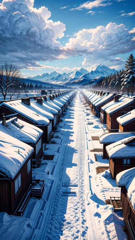 Snow,village,noon,Clear skies,White Cloud,best quality,8K,Maximum resolution。