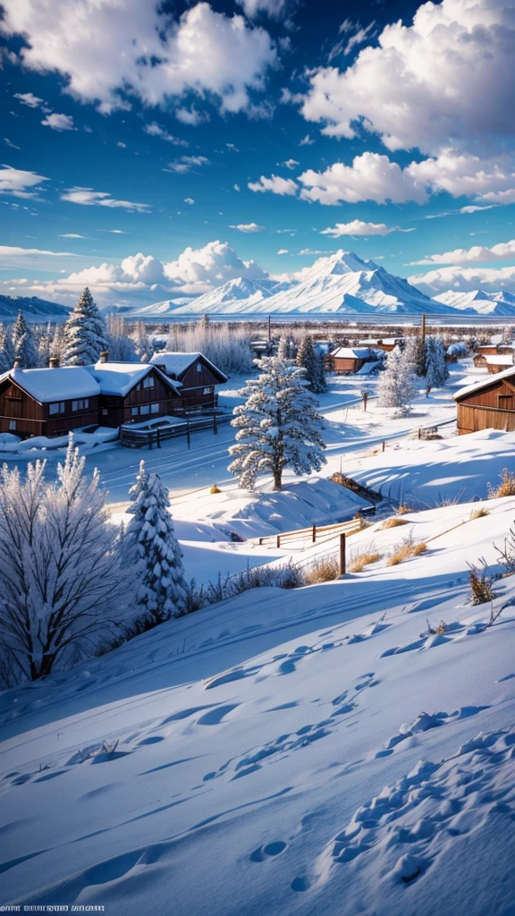 Snow,village,noon,Clear skies,White Cloud,best quality,8K,Maximum resolution。