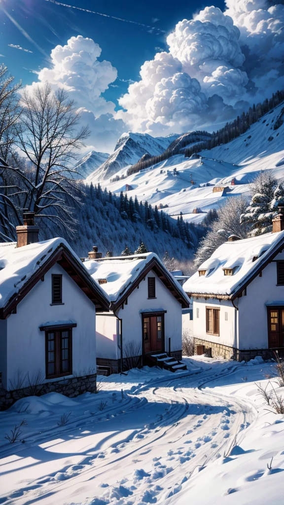 Snow,village,noon,Clear skies,White Cloud,best quality,8K,Maximum resolution。