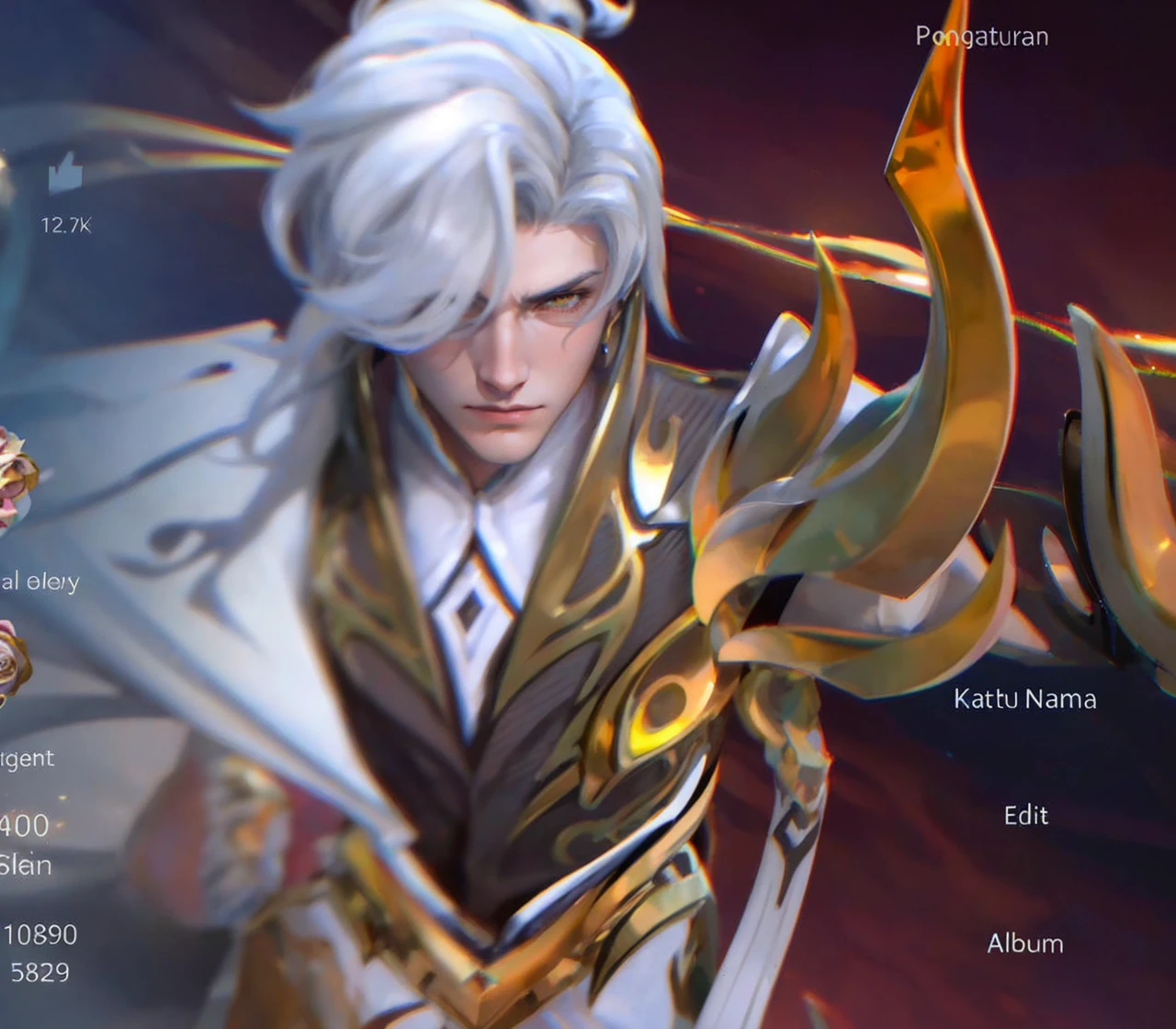 young noble man, silver hair, light yellow eyes, tall and handsome body posture, handsome face, European nobleman, white noble uniform,  His shirt has a royal unicorn logo on it. pose holding a rose while saluting the nobleman, mansion background. HD color and balance, dark atmosphere with many effects.8k.