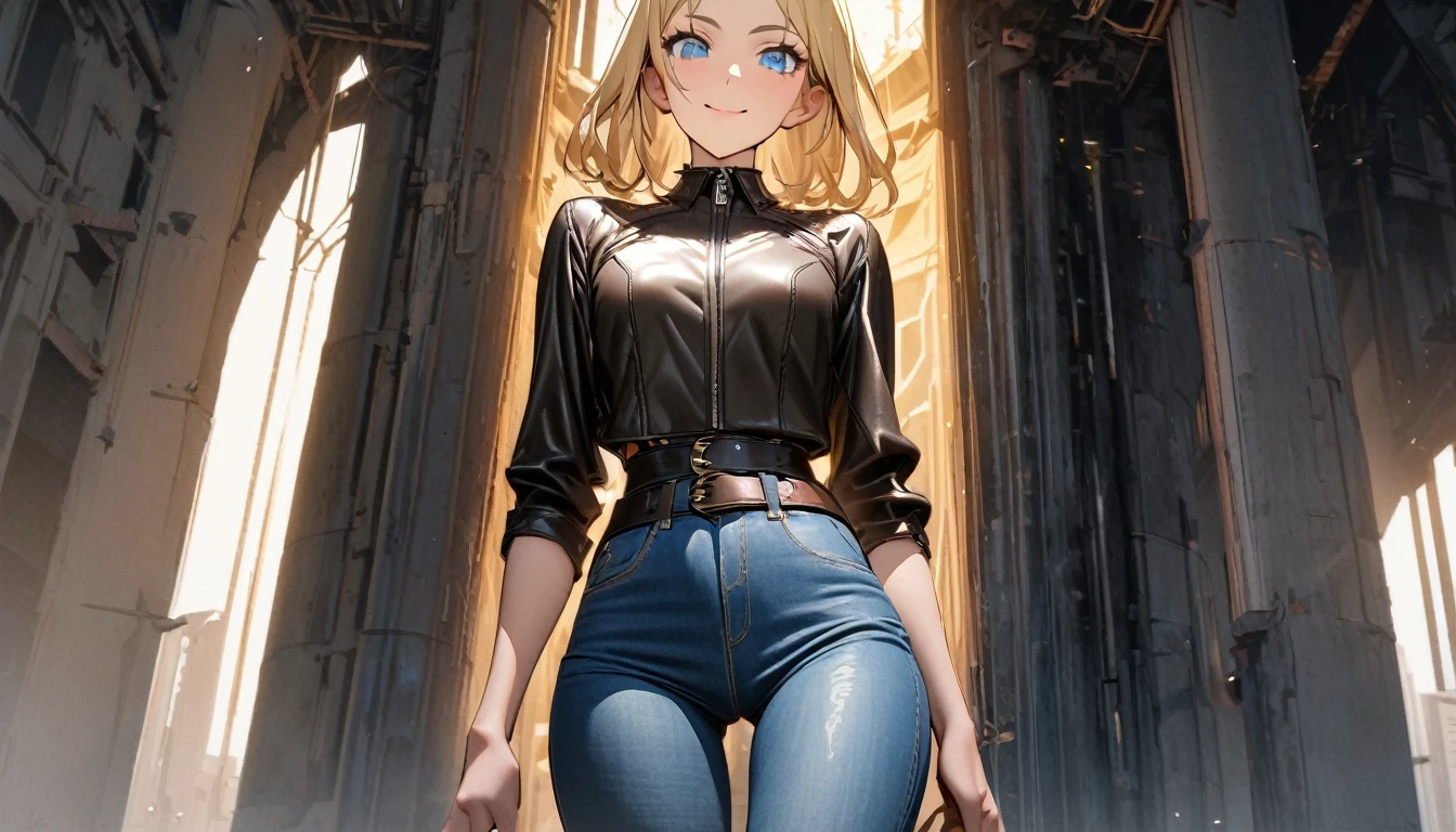 Best Quality,(beauty), 1girl,phisically-based render ,ultra highres,(cowboy shot:1.5),narrow waist, skinny, LeonaMS , big blue eyes,long legs,jeans,leather belt ,puffy eyes, leather belt, shiny skin, facing viewer, blonde hair, nice smile