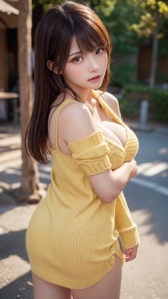 masutepiece, Best Quality, Illustration, Ultra-detailed, finely detail, hight resolution, 8K Wallpaper, Perfect dynamic composition, Beautiful detailed eyes, Natural Lip, yellow knitted dress , Big breasts, cleavage , Random (very sexual poses) , show me your sexy butt
