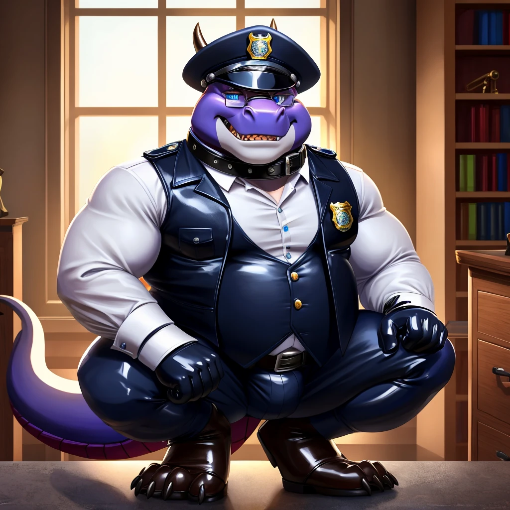 Solo, Male, fat, squatting, extremely obese, gentleman, dapper Dragon, blue eyes, (soft shading), 4k, hi res, ((detailed face, detailed)), looking at viewer, evil grin, police station, collared shirt with buttons, hat, male focus, Police Uniform, glasses, monocle, vest with buttons, sleeves rolled up, round eyewear, headwear, vest, Dragon is wearing a glossy leather dog collar around the neck, Dragon is wearing the leather collar and shirt and vest at the same time, Dragon is wearing glossy white rubber gloves on the hands, wearing white rubber gloves on the feet, Dragon is wearing glossy white cuffs around the wrists with cufflinks, gloves are rubber in texture, clenching teeth, clenching fists, leather collar is glossy and shiny with a lot of detail, Dragon is wearing gloves and cuffs and cufflinks at the same time, leather collar has a round dog-tag, leather collar is thick and detailed.