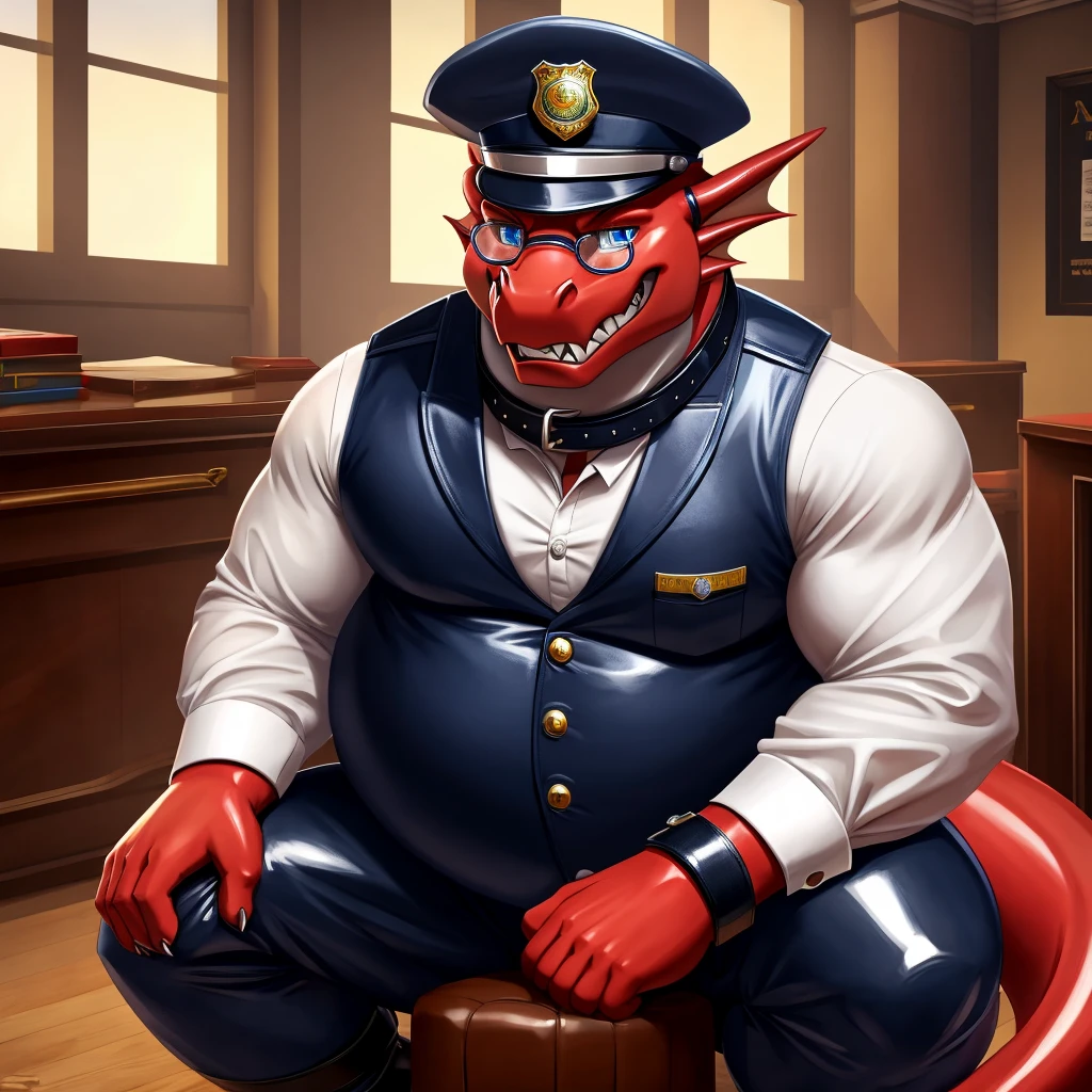 Solo, Male, fat, squatting, extremely obese, gentleman, dapper Dragon, blue eyes, (soft shading), 4k, hi res, ((detailed face, detailed)), looking at viewer, evil grin, police station, collared shirt with buttons, hat, male focus, Police Uniform, glasses, monocle, vest with buttons, sleeves rolled up, round eyewear, headwear, vest, Dragon is wearing a glossy leather dog collar around the neck, Dragon is wearing the leather collar and shirt and vest at the same time, Dragon is wearing glossy white rubber gloves on the hands, wearing white rubber gloves on the feet, Dragon is wearing glossy white cuffs around the wrists with cufflinks, gloves are rubber in texture, clenching teeth, clenching fists, leather collar is glossy and shiny with a lot of detail, Dragon is wearing gloves and cuffs and cufflinks at the same time, leather collar has a round dog-tag, leather collar is thick and detailed.