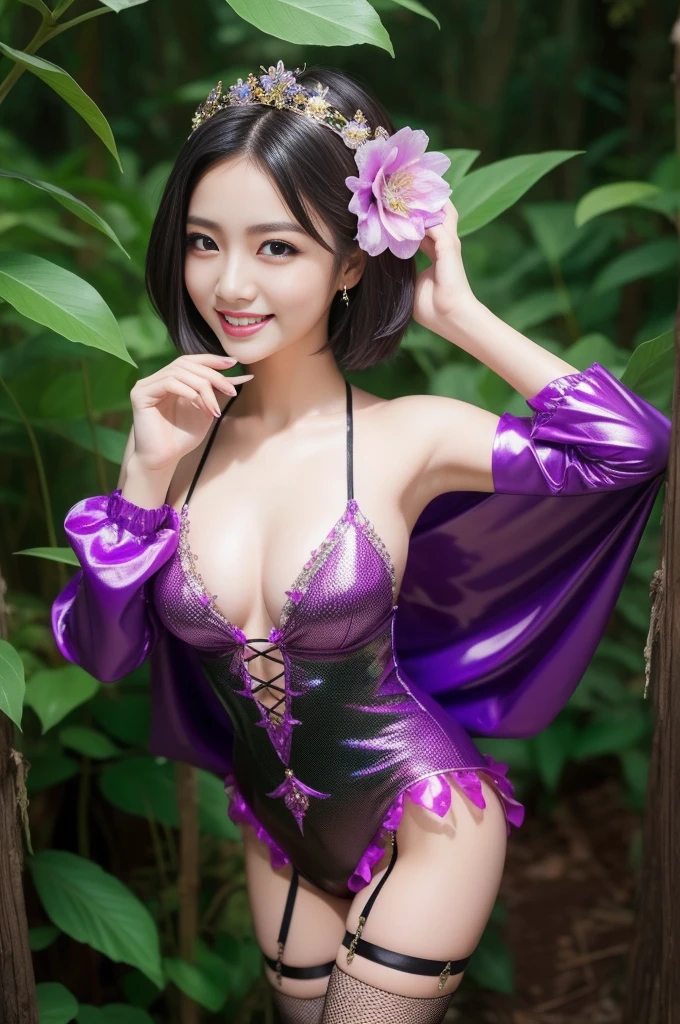 sexy Thai model who controls poison、beautiful smile、lipgloss、dramatic makeup、look at the camera、full body Esbian、、sparkling poisoned enchanted flower costume、、、、shiny sparkling colorful short hair、secrete poison、skull hair accessories、fishnet tights、shiny sparkling dark magic forest background