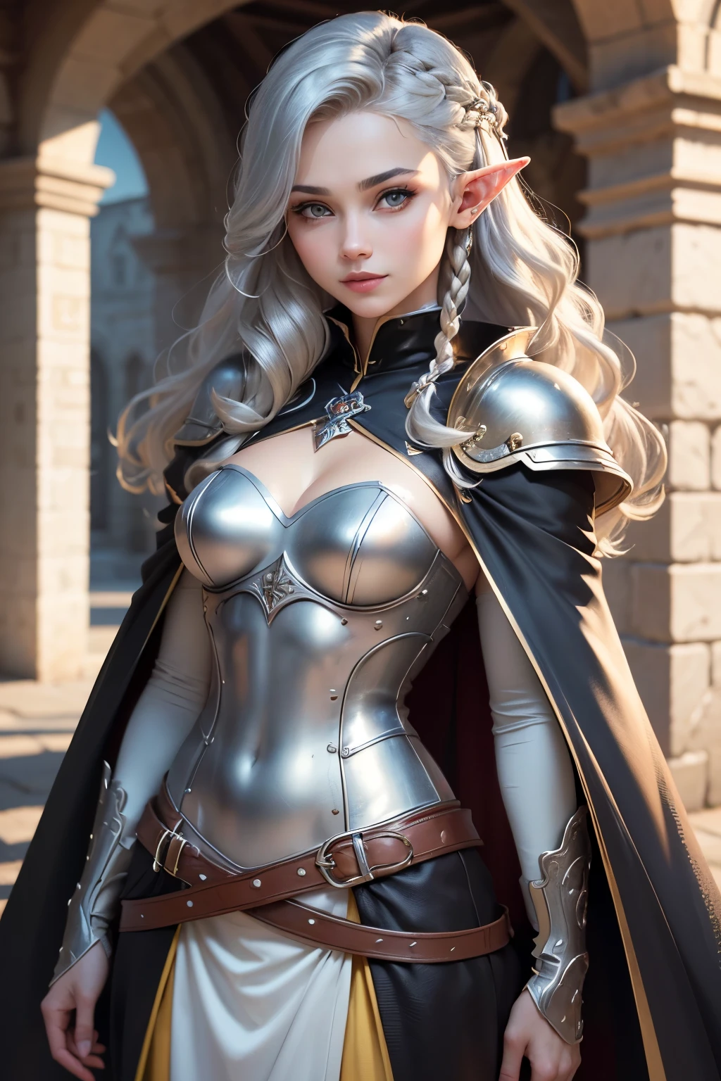 ((best quality)), ((masterpiece)), (detailed), Prize-winning works, with incredible details, maximum textures and details, uhd ,8K,super resolution ,depth of field, retina, masterpiece, anatomically correct, textured skin, super detail, high details, highres ,1 Medieval Fantasy RPG Female Elf Adventurer,hair in the wind,very long light silver wavy braid hair ,((yellow black hair,)),shy smile,similar to the work of JRR Tolkien,black long cape ,lightweight armour,fully body, hyper-detailed piercing eyes , (25 year old young man :1.1,detailedeyes, face detailed, whole body:1.1,the background is a magnificent castle  ),(best qualityer:1.2,ultra detali:1.1,realisitic:1.37) ,eyeshadows,sharp focus,swirly vibrant colors,)