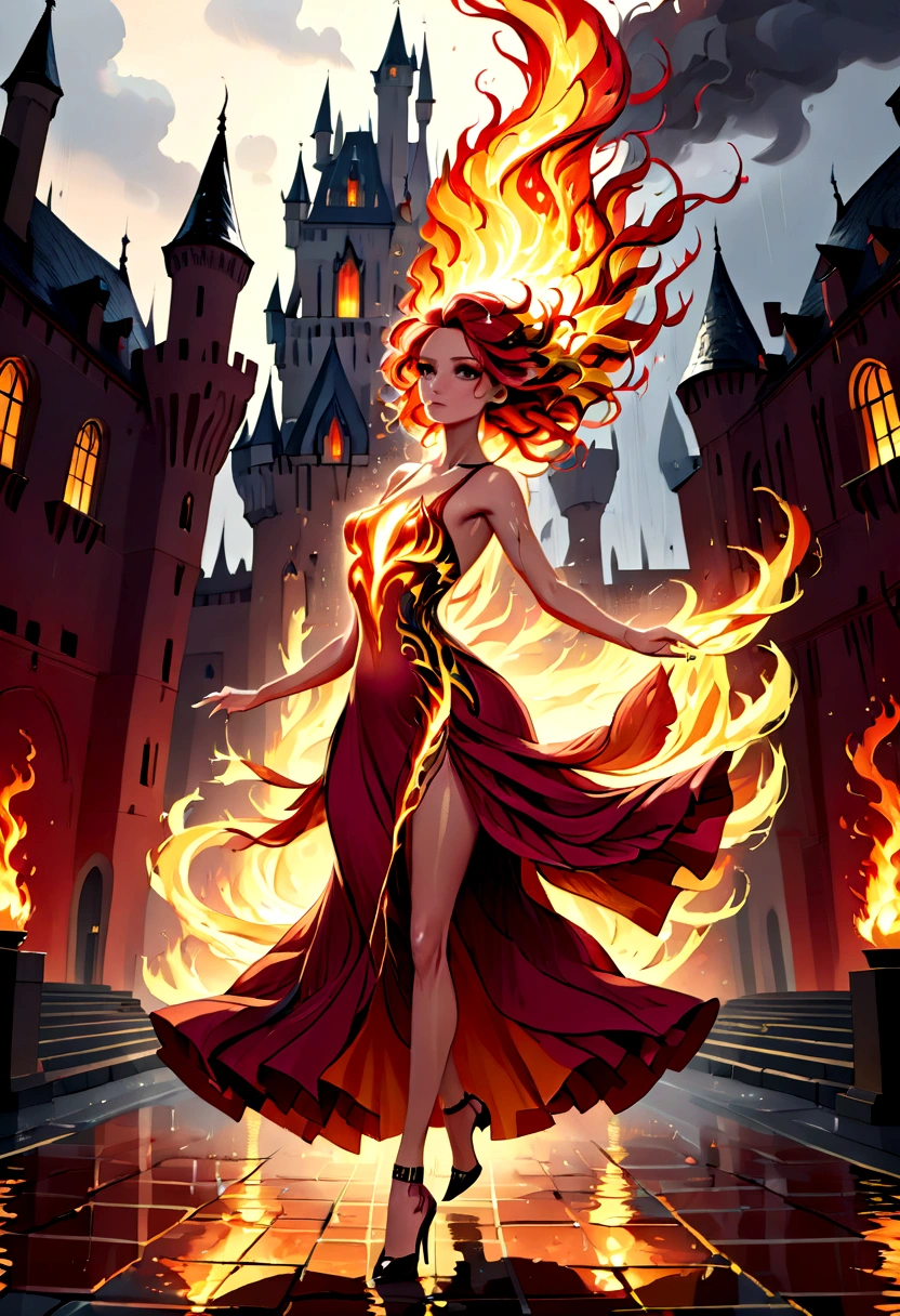 a sorceress of fire making fire dance in a the storm of rain, a most exquisite beautiful sorceress, controlling fire manipulating fire, a woman, dynamic hair color, dynamic hair style, wet hair, wet face, dynamic eyes color, full body shot, wearing dress made of fire, wearing intricate high heels, light make up, dancing in courtyard of a fantasy castle, ((heavy rain drops: 1.1)), clouds in the sky,  (anatomically correct: 1.4), (full body shot: 1.1) , vibrant, Ultra-high resolution, High Contrast, (masterpiece:1.5), highest quality, Best aesthetics), best details, best quality, highres, ultra wide angle, 16k, [ultra detailed], masterpiece, best quality, (extremely detailed),  firecd_xl, phoenix dress, FireMagicAI