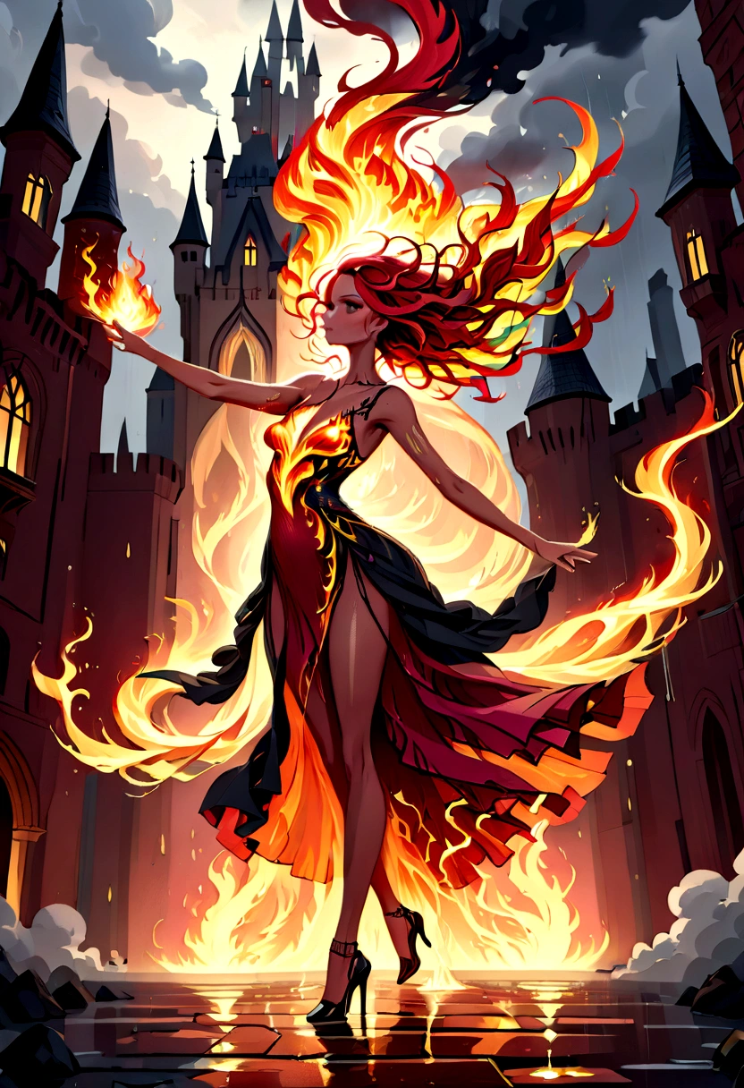 a sorceress of fire making fire dance in a the storm of rain, a most exquisite beautiful sorceress, controlling fire manipulating fire, a woman, dynamic hair color, dynamic hair style, wet hair, wet face, dynamic eyes color, full body shot, wearing dress made of fire, wearing intricate high heels, light make up, dancing in courtyard of a fantasy castle, ((heavy rain drops: 1.1)), clouds in the sky,  (anatomically correct: 1.4), (full body shot: 1.1) , vibrant, Ultra-high resolution, High Contrast, (masterpiece:1.5), highest quality, Best aesthetics), best details, best quality, highres, ultra wide angle, 16k, [ultra detailed], masterpiece, best quality, (extremely detailed),  firecd_xl, phoenix dress, FireMagicAI