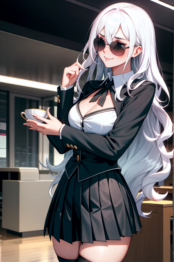 1girl, solo, black thighhighs, cleavage, uniform, office background, black skirt, bussines suit, black tights, ((pleated skirt)), office, hair between eyes, long hair, looking away, white , white hair, blue eyes, solo, very long hair, ((masterpiece)), indoor, smile, ((blush)), sexy pose, blush, black ribbons , sunglasses , cup of tea , curly hair