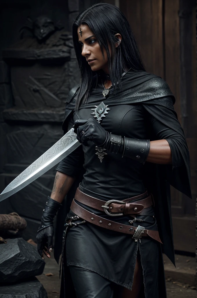 * A long, curved blade with a dark, almost obsidian-like color.
* The hilt could be wrapped in rough leather or adorned with jagged bone.
* An inscription or glowing symbols might be etched onto the blade that pulse with a sinister energy.