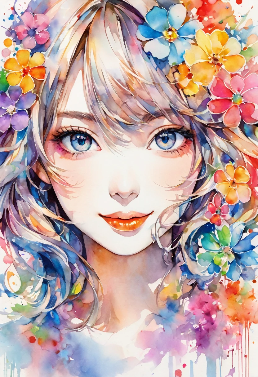 beautiful woman portrait, cute smile, Sylvia Pelissero watercolors, colorful flowers, beautiful eyes, upper body, abstract art, intense watercolor, watercolor detailed art, watercolor splash, surreal, avant-garde pop art, Beautiful and expressive paintings, Beautiful artwork illustration, very colorful tones, wonderful, cool beauty, highest quality, official art, women only, sharp outline, best shot, vector art, lips in love、 (((The strongest beautiful women of all time))), (((Japanese)))、clear, (((highest quality))), lips in love, HDR, ((Detailed details)), stylish fashion, detailed clothing texture, (((graffiti art))), colorful hair, ((masterpiece))、((Super detailed))