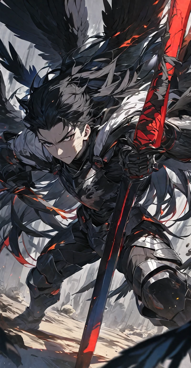 Best quality, one, beautiful, 1 man, tall man, with a sporty body, V-shaped body, wide shoulders, black detailed armour with bright white details, 10 black feathered wings, long hair, black hair covered with dirt and charcoal, neon white pupils (white eyes), the man has a huge sword in his hand, in a fighting position, against the background of Black miasma with shades of red
