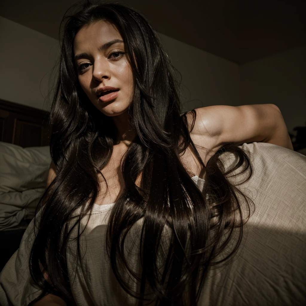 Sharp focus, darkened bedroom, long hair, dark haired woman awake, mouth slightly open