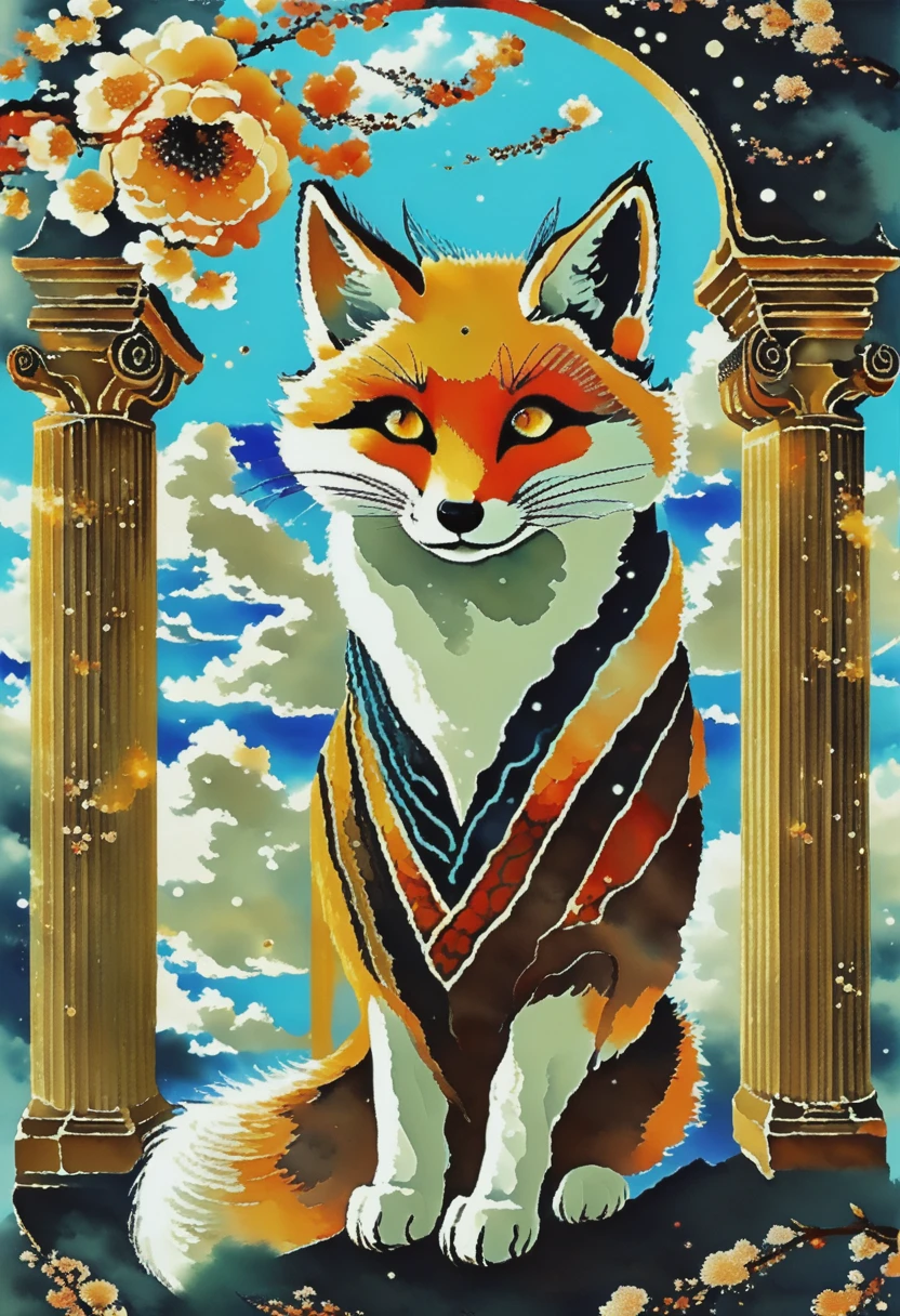 A kitsune with large eyes and expressive, capable of conveying a wide range of emotions from mischievousness to wisdom. She has nine tails.Each tail would move fluidly, almost as if dancing to an unseen melody, adding to their whimsical aura.In The Celestial Palace: High above the mortal realm, nestled among the clouds, lies the Celestial Palace where the most powerful kitsune reside. The palace itself is a dazzling sight, with golden spires reaching towards the heavens and gardens filled with celestial blossoms that bloom only once in a life, portrait photography