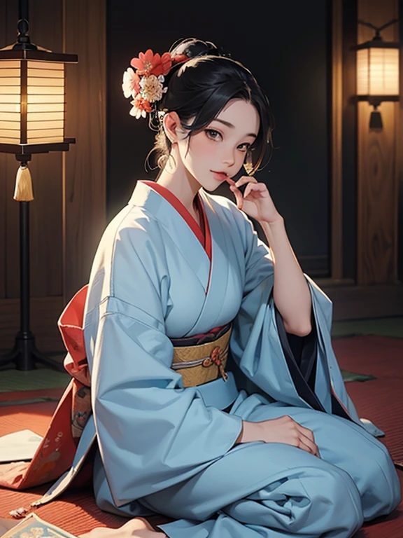 (Highest quality、masterpiece、High resolution、8K)、Ukiyo-e、Vibrant colors、Utamaro、Edo Period、Flowers of Yoshiwara、1 flower kui、whole body、Japanese-style room、There is a lantern、Utamaroの絵のモデル、Sitting、Sitting sideways、One hand is holding a tobacco pipe、Official Art、