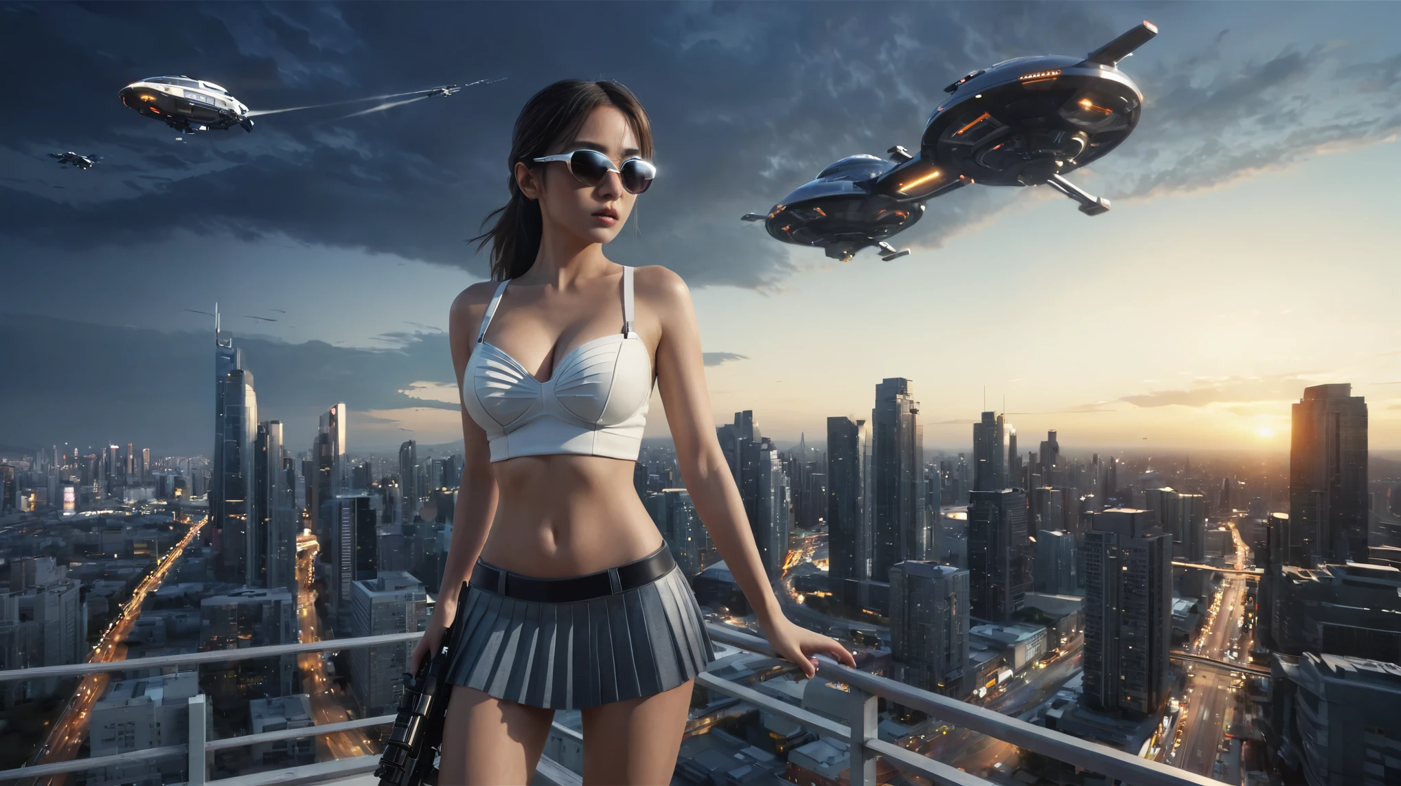 (((At night, ((very dark sunset sky)), (((1girl, solo))), a western woman, photo realistic, large-breast:1.2 slim body, cleavage, off tube top, short pleated miniskirt, standing on rooftop, matrix style black sunglasses, (shooting with a short gun), half-body thigh level medium:1.2 shot))). In the background, simple aerial view of a sci-fi futuristic city, (((flying vehicle speeding towards viewer))).