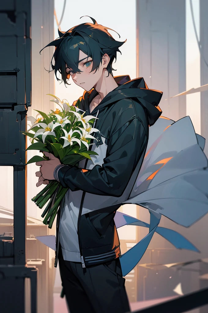 (((Young man with a bouquet))), Bouquet of lilies. From the waist up, Overlooking, with index finger, wise ( Valuing ), zerochan, by Kamagurka, wataru kajika, anime character, the truth of the matter, 2 d anime style, detailed anime character art, anime moe artstyle, cyberpunk anime girl in hoodie, anime style character