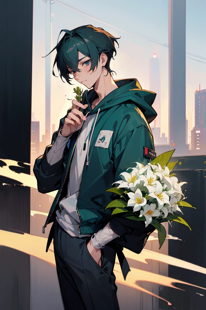 (((Young man with a bouquet))), Bouquet of lilies. From the waist up, Overlooking, with index finger, wise ( Valuing ), zerochan, by Kamagurka, wataru kajika, anime character, the truth of the matter, 2 d anime style, detailed anime character art, anime moe artstyle, cyberpunk anime girl in hoodie, anime style character