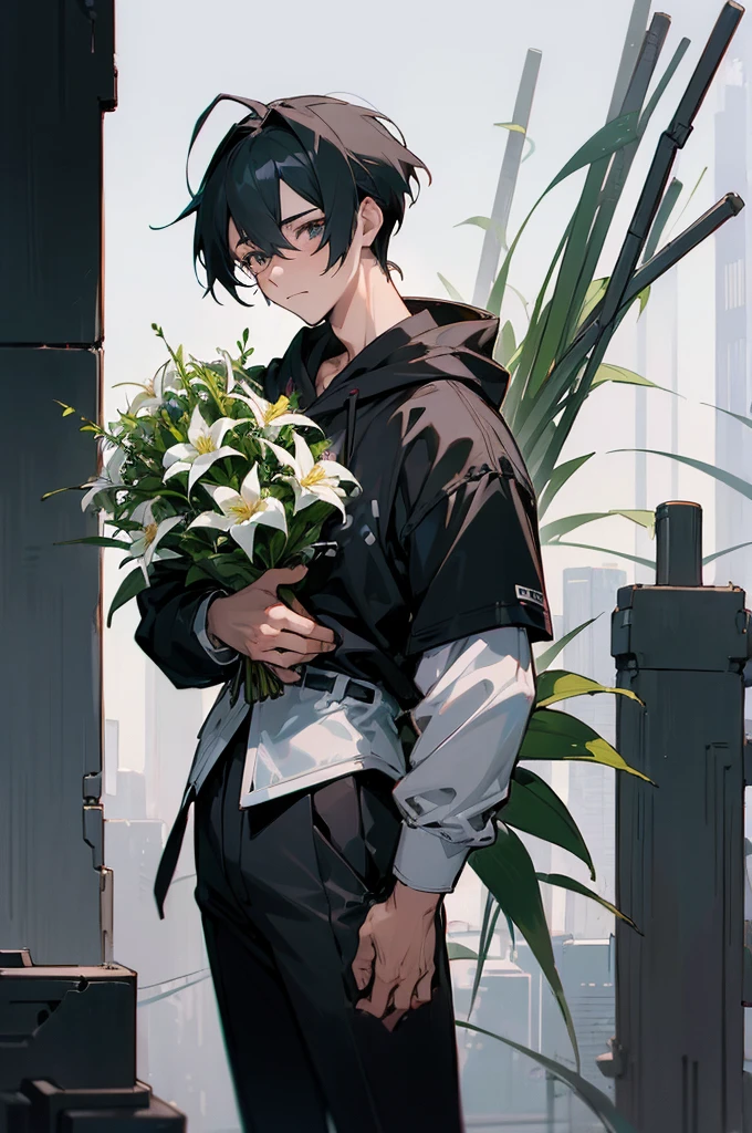 (((Young man with a bouquet))), Bouquet of lilies. From the waist up, Overlooking, with index finger, wise ( Valuing ), zerochan, by Kamagurka, wataru kajika, anime character, the truth of the matter, 2 d anime style, detailed anime character art, anime moe artstyle, cyberpunk anime girl in hoodie, anime style character