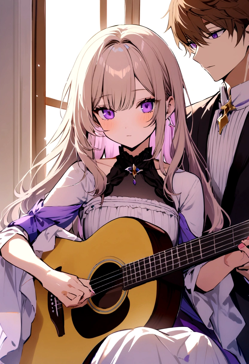 The boy with brown hair and yellow hair is playing a guitar with girl sitting next to him, long lilac hair and purple eyes. 
