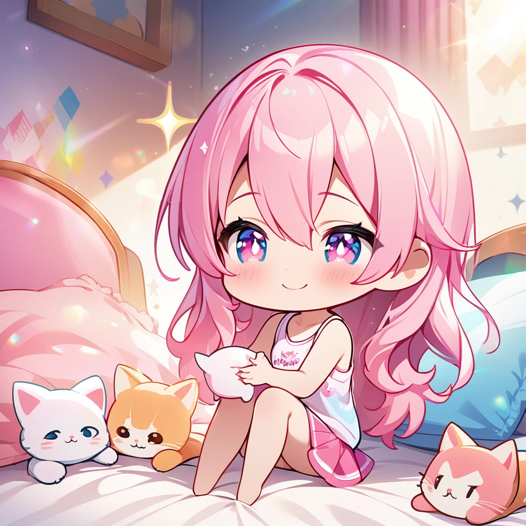 masterpiece, best quality, 4k、2D Illustration、one beautiful girl、solo、(((chibi style)))、((vivid colors))、cute chibi、lovely chibi、long beautiful hair, glossy pink hair, hair between eyes, cute、beautifully detailed eyes、((tank top))、((miniskirt))、(colorful))、((happy smile))、sitting on bed、((full body shot))、((kitten))、stroking the kitten's head, ((lots of pink stuff around))、((bed))、sparkle、((lens flare))、