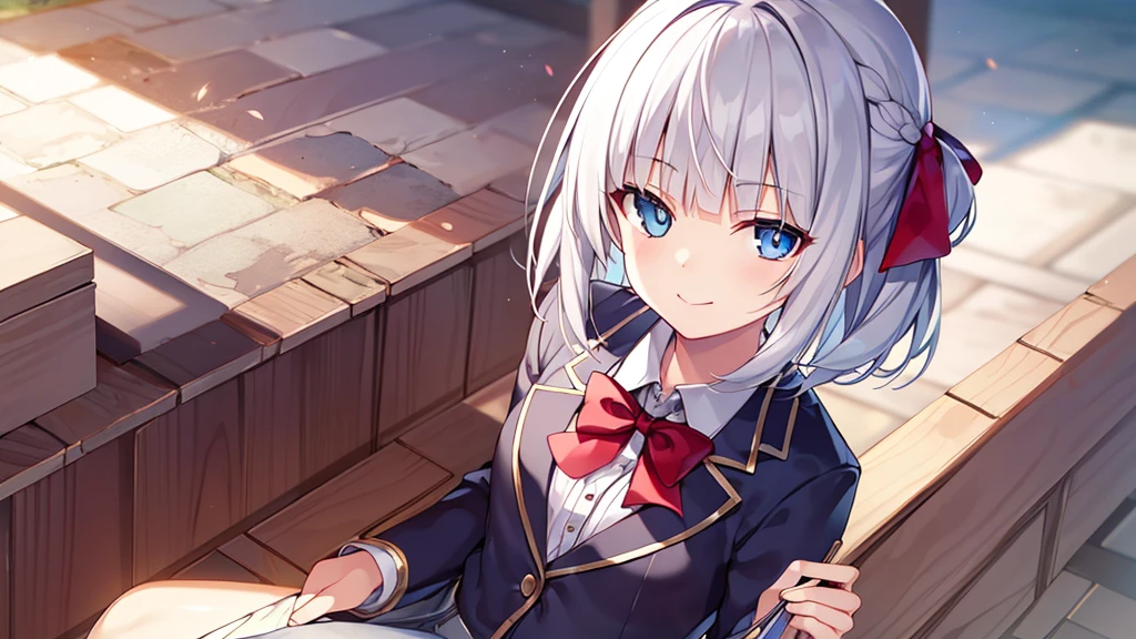detectiveLunch break, smile, short hair, bangs, blue eyes, shirt, hair accessory, Long sleeve, skirt, bow, Gray Hair, hairpin, blunt bangs, bowtie, red bow, x hair accessory, red bowtie, Lunch break, (Medium Chest:1.2), rest looking at viewer, rest outside, rest (masterpiece:1.2), Highest quality, High resolution, Unified 8k wallpaper, (figure:0.8), (Beautiful and delicate eyes:1.6), Highly detailed face, Perfect lighting, Highly detailed CG, (Perfect hands, Perfect Anatomy),