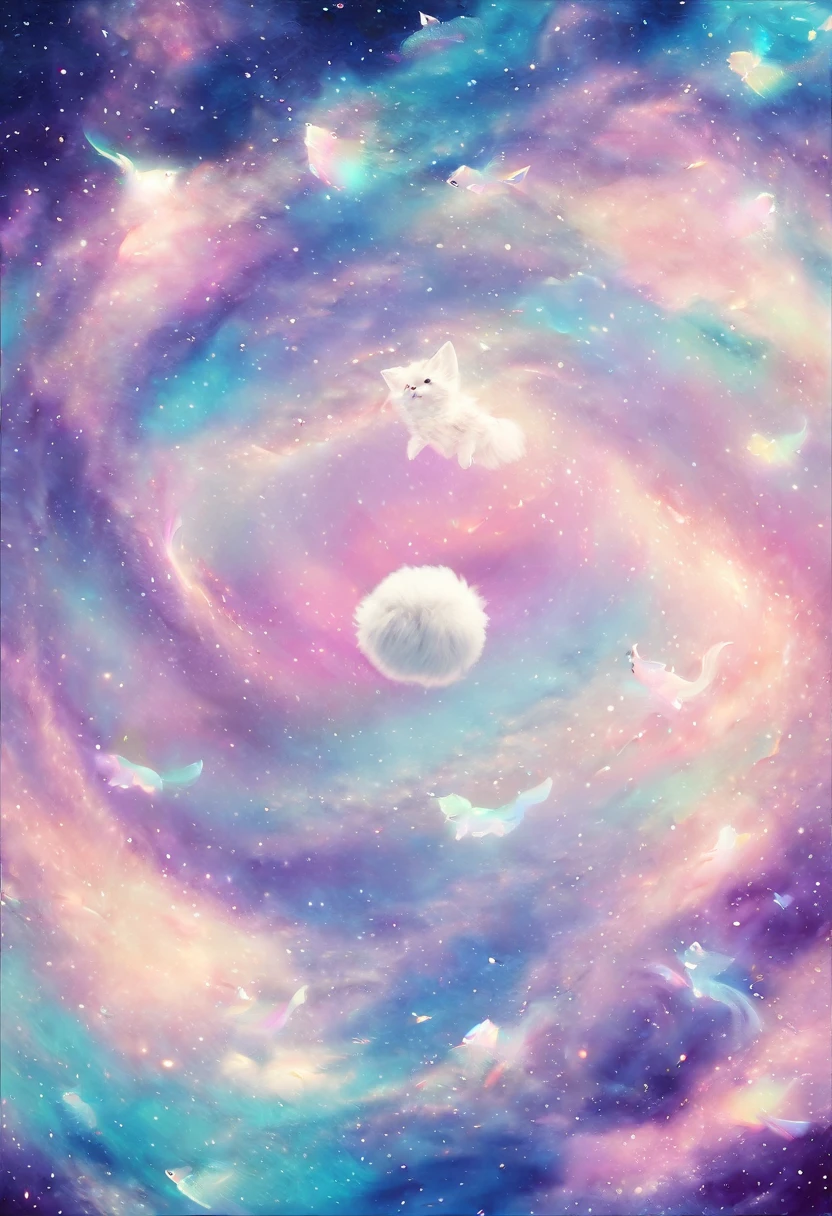 best quality, super fine, 16k, 2.5D, delicate and dynamic depiction, cute, furballs, fluffy, soft, floating, Infinite space, fantasy wonderland, zero gravity, cute pastel textures, pop art effects