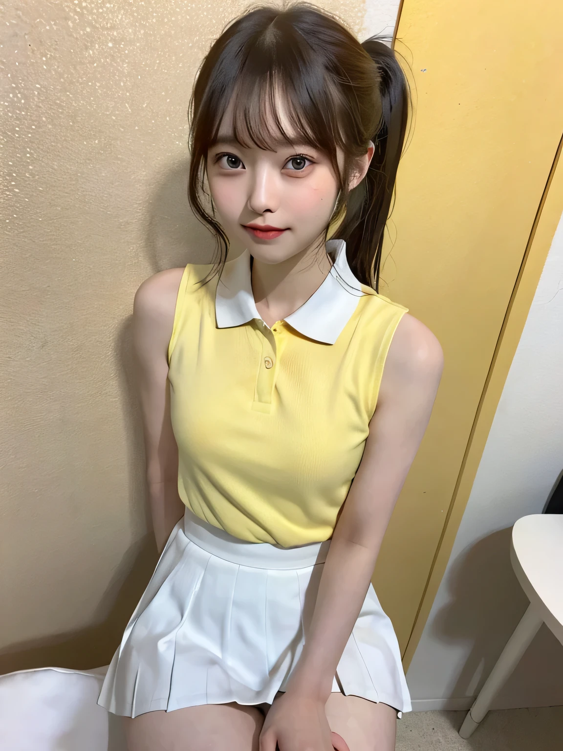 One person、11 years old、Full body photo,slender、woman、White drool coming out of the mouth、smile、、Short Ponytail、 Fair skinned and super cute、Soft and Face、8K resolution、Surreal、Ultra high definition、 A-cup small breasts((Highest resolution、8K、masterpiece:1.3))、Ultra-fine face、Ultra Fine Lips、Beautiful Eyes、double eyelid,Yellow wall、A sleeveless, collared blue polo shirt、White Skirt、Thighs、thin,Thighsが見える、Shapely small breasts、sexy、So cute!,Sitting in a chair、Thighsが見える、