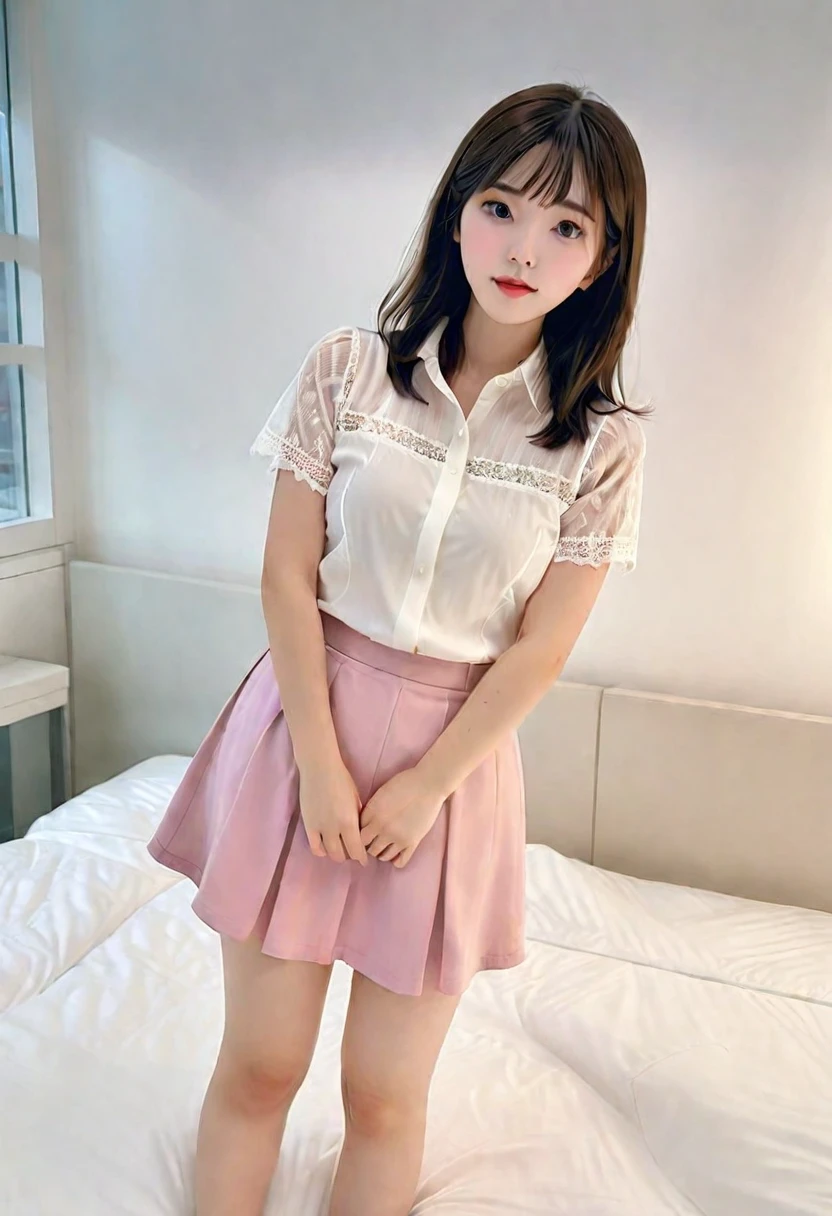 (Highest quality:1.9)、(High resolution)、Live-action image quality、((19 year old female university student、1 person))、Soft lighting by a professional photographer、Natural light、((Very spacious white luxurious room:1.6))、((Bright white room:1.6))、(Standing in front of a very luxurious white bed:1.2)、(White bookshelf background:1.1)、Natural soft light、((Black Hair Color:1.1))、Fair skin、Detailed Eyes、double eyelid、Slightly puffy cheeks、((Small Face:1.0))、((Pink lace short sleeve shirt、Please wear it with the chest open.:1.7))、((Checked mile)、((Girly pose 1.8))、((short hair:1.1))、((Full Body Shot:1.2))、((Height: 145cm))、Hands in front、Hold hands between legs、bangs、