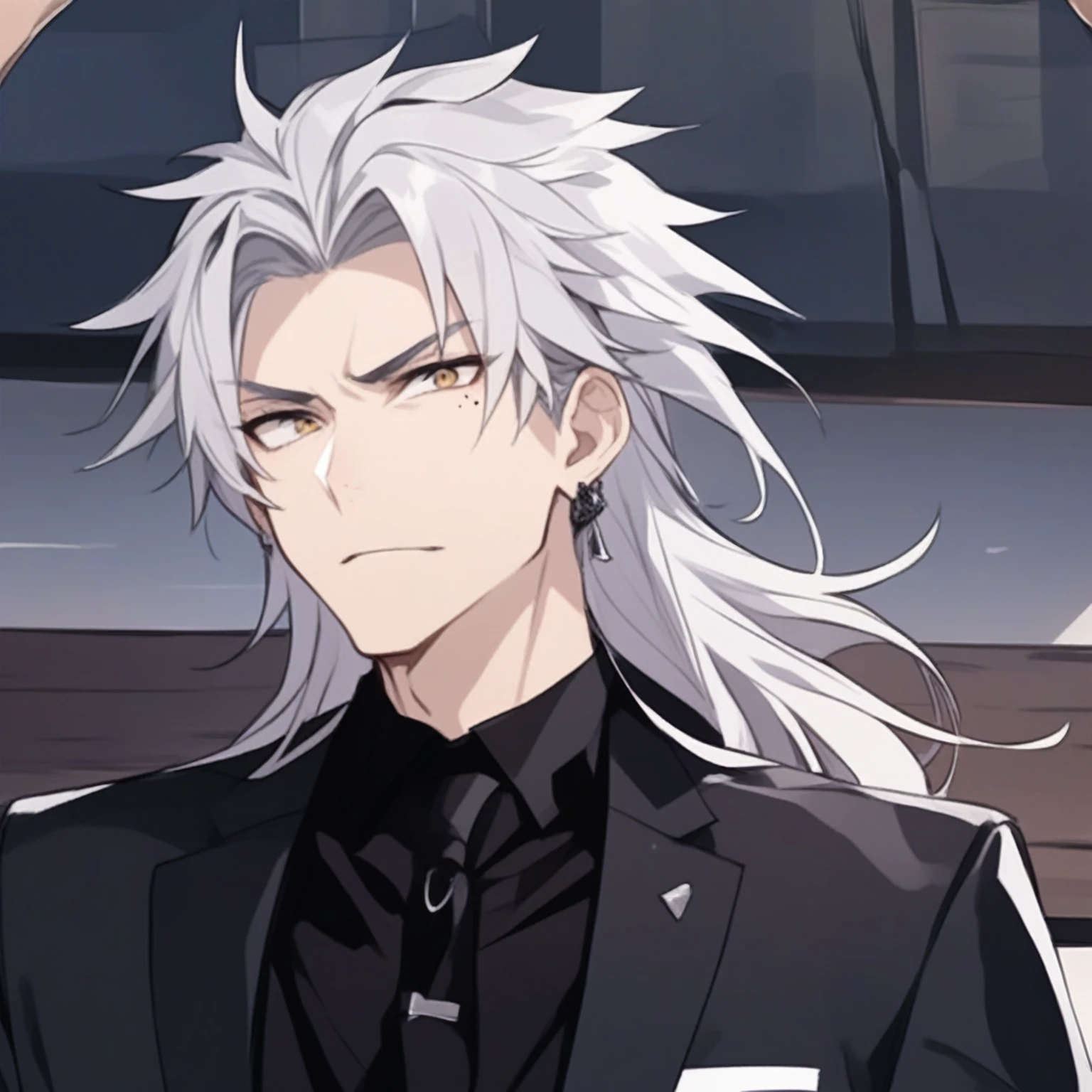 ((masterpiece)), Anime image of a man with white hair and wearing a black suit, He has dark grey hair, Golden Eyes, Sharp eyes, Anime Handsome Man, Silver-haired madman, Mischievous grin, ((Mole under left eye)), Earring in the left ear, ((Wild and sexy man))