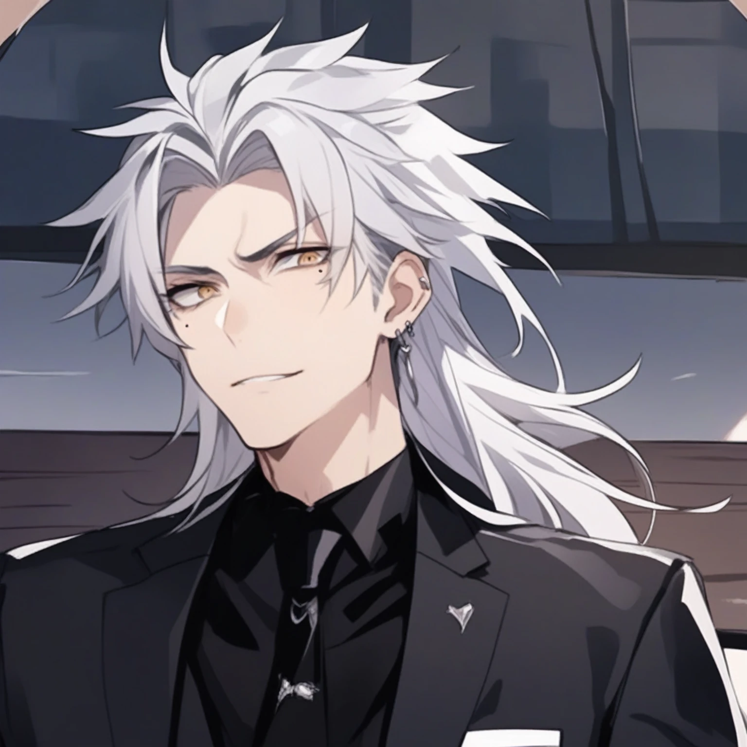 ((masterpiece)), Anime image of a man with white hair and wearing a black suit, He has dark grey hair, Golden Eyes, Sharp eyes, Anime Handsome Man, Silver-haired madman, Mischievous grin, ((Mole under left eye)), Earring in the left ear, ((Wild and sexy man))