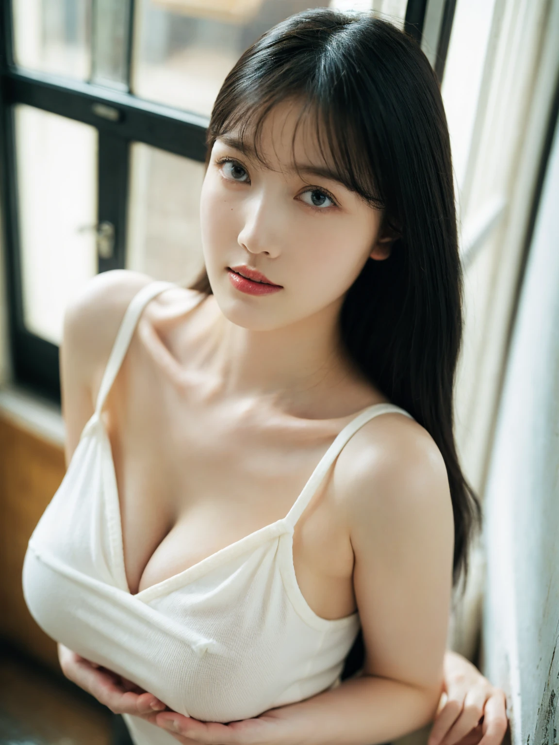 1girl, woman, masterpiece, best quality, highest quality, (Front light:1.3), (photorealistic:1.3), natural light, extremely detailed CG unity 8k wallpaper, focused, 8k wallpaper, extremely detailed, ultra realistic, photorealistic, sharp focus, absurdres, (HDR:1.2), (high contrast), photograph, detailed and intricate, instagram, portrait, highly detailed, digital painting, artstation, concept art, smooth, sharp focus, illustration, (whole body:1.5), ((Natural big :1.3)), knit tank top, (Aerial Shot)