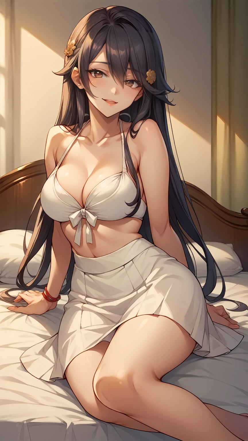 score_9, score_8_up, score_7_up, source_anime, game cg, harunakainiKC, long hair, skirt, hair ornament,White Bikini ,smile,parted lips, HOTEL ON the bed