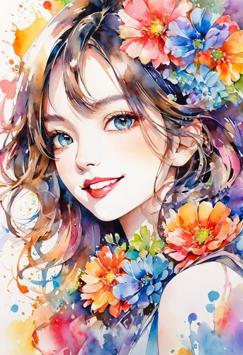 beautiful woman portrait, cute smile, Sylvia Pelissero watercolors, colorful flowers, beautiful eyes, upper body, abstract art, intense watercolor, watercolor detailed art, watercolor splash, surreal, avant-garde pop art, Beautiful and expressive paintings, Beautiful artwork illustration, very colorful tones, wonderful, cool beauty, highest quality, official art, women only, sharp outline, best shot, vector art, lips in love、 (((The strongest beautiful women of all time))), (((Japanese)))、clear, (((highest quality))), lips in love, HDR, ((Detailed details)), stylish fashion, detailed clothing texture, (((graffiti art))), colorful hair, ((masterpiece))、((Super detailed))