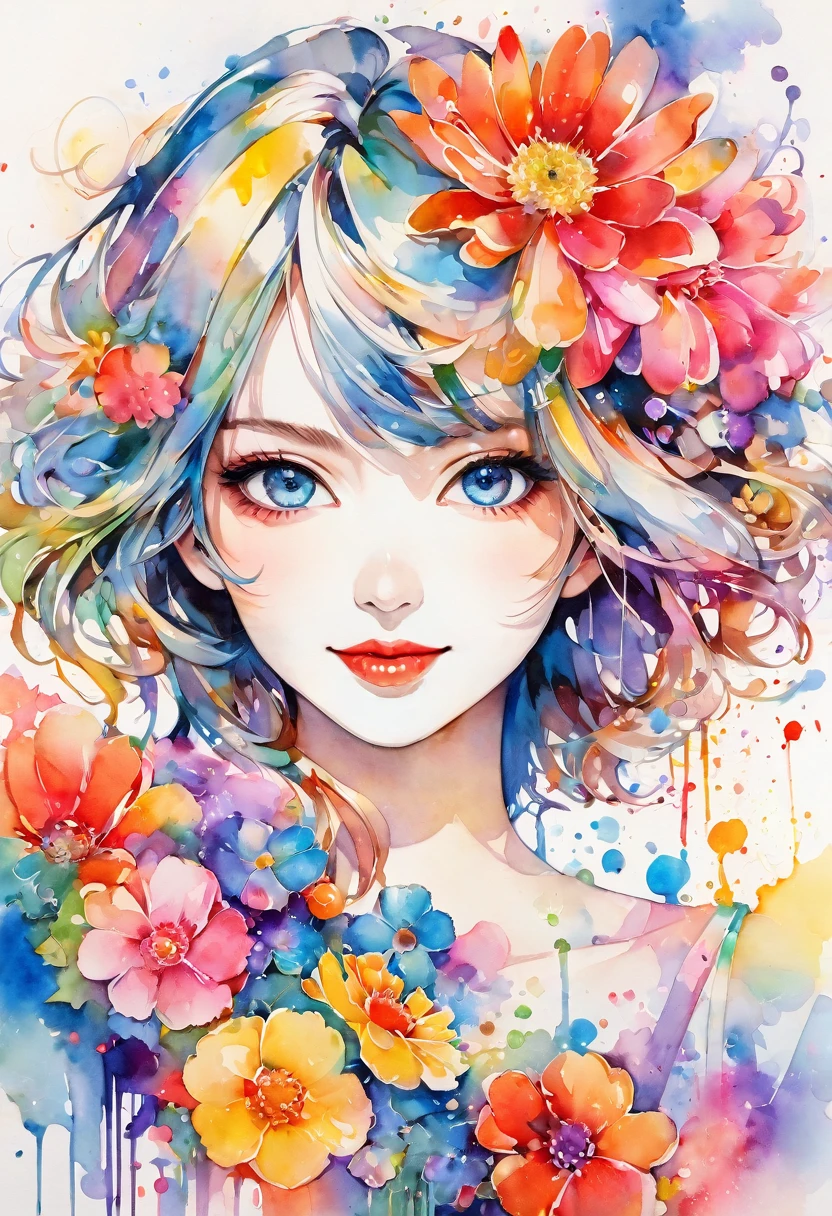 beautiful woman portrait, cute smile, Sylvia Pelissero watercolors, colorful flowers, beautiful eyes, upper body, abstract art, intense watercolor, watercolor detailed art, watercolor splash, surreal, avant-garde pop art, Beautiful and expressive paintings, Beautiful artwork illustration, very colorful tones, wonderful, cool beauty, highest quality, official art, women only, sharp outline, best shot, vector art, lips in love、 (((The strongest beautiful women of all time))), (((Japanese)))、clear, (((highest quality))), lips in love, HDR, ((Detailed details)), stylish fashion, detailed clothing texture, (((graffiti art))), colorful hair, ((masterpiece))、((Super detailed))