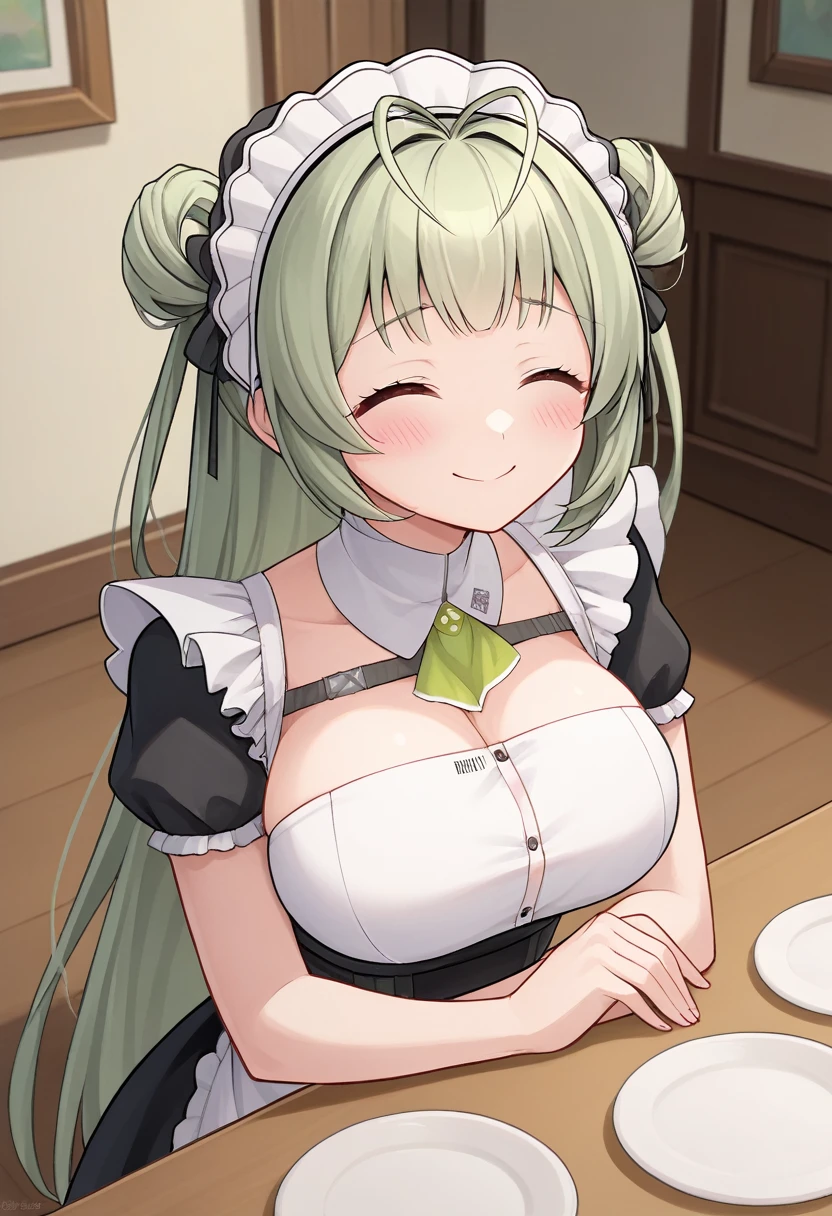 head on table, score_9, score_8_up, score_7_up, source_anime, BREAK 1girl, sdrnd, green hair, long hair, bangs, double bun, antenna hair, blush, , smile, shy, embarrassed, smile, , maid, mansion, room, from bellow, seductive smile, table, happy, very happy,, head portrait, portrait, only head, big breasts,, close up, closed eyes, head up, looking up, closed eyes, swallow, swallowing, neck, closed mouth