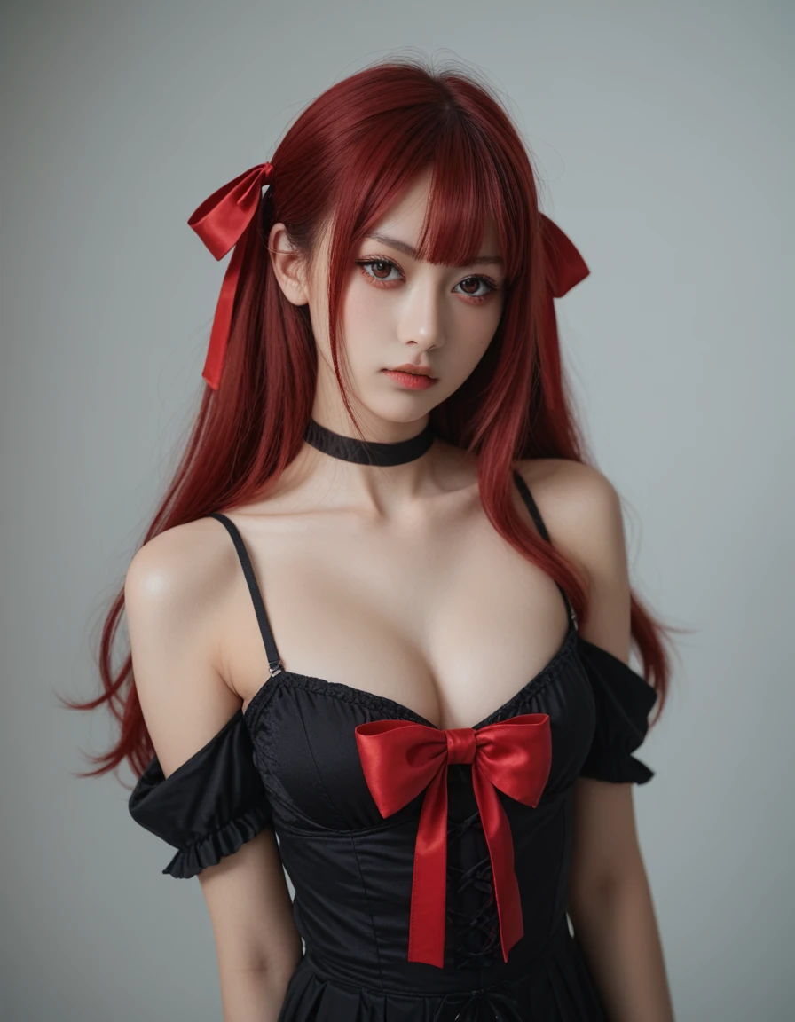 score_9, score_8_up, score_7_up,high quality,1 japanese girl, gothic atmosphere, ribbon ,(NSFW:1.5), breasts ,(red hair:1.5), ブラックとピンクのドレス