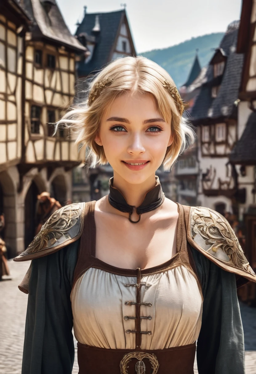 1 female woman, german face, fantasy, young adult years, she is wearing brown cheap medieval clothes, she has blond short bobcut hair, she has grey eyes, she is smiling, town in the background, fantasy, she has one angelic big wing white, very flat chest